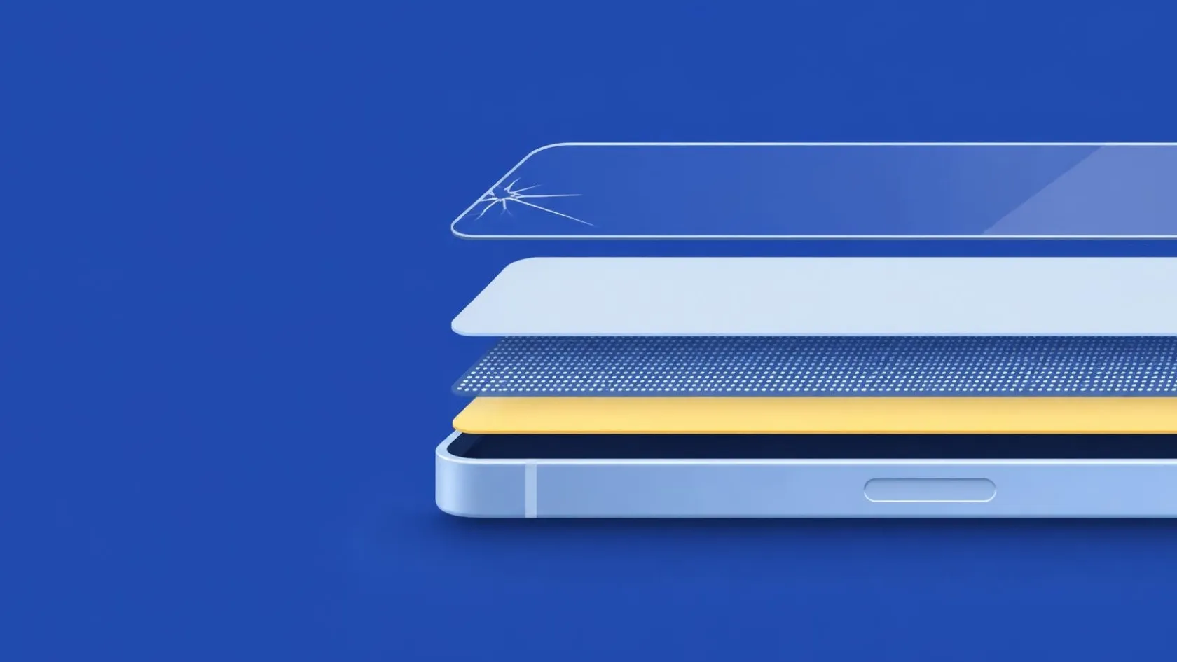 Illustration: Smartphone in Schichten, nur das oberste Glas hat an der Ecke einen Riss