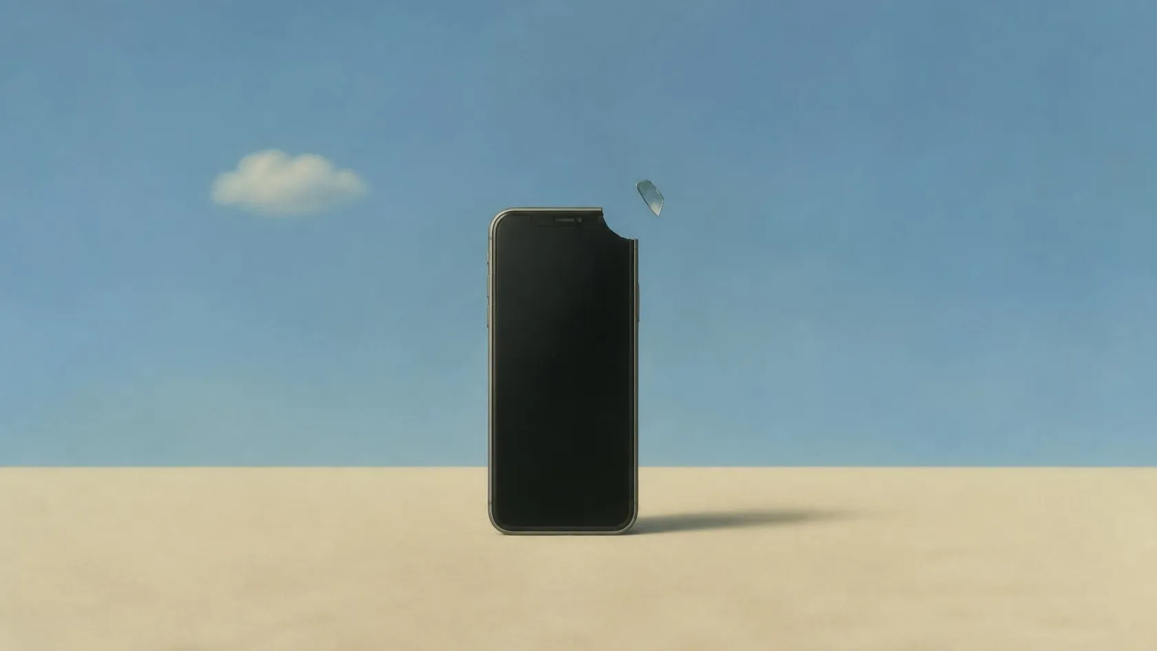 Minimalistisches Bild: Smartphone mit abgesplitterter Ecke steht vor blauem Himmel, das Glasstück schwebt daneben