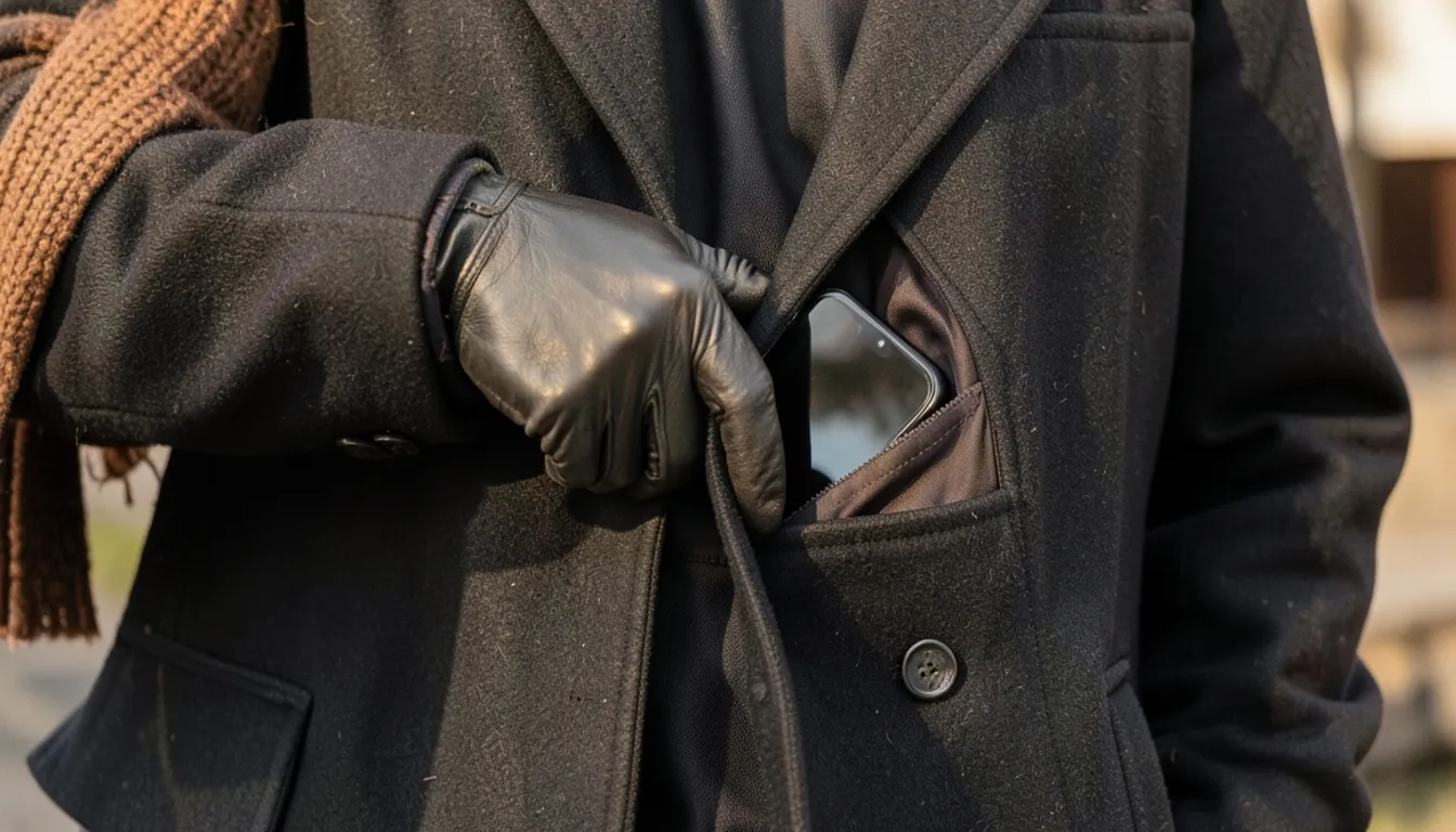 Hand im Lederhandschuh öffnet einen dunklen Wintermantel, in der Innentasche steckt ein Smartphone