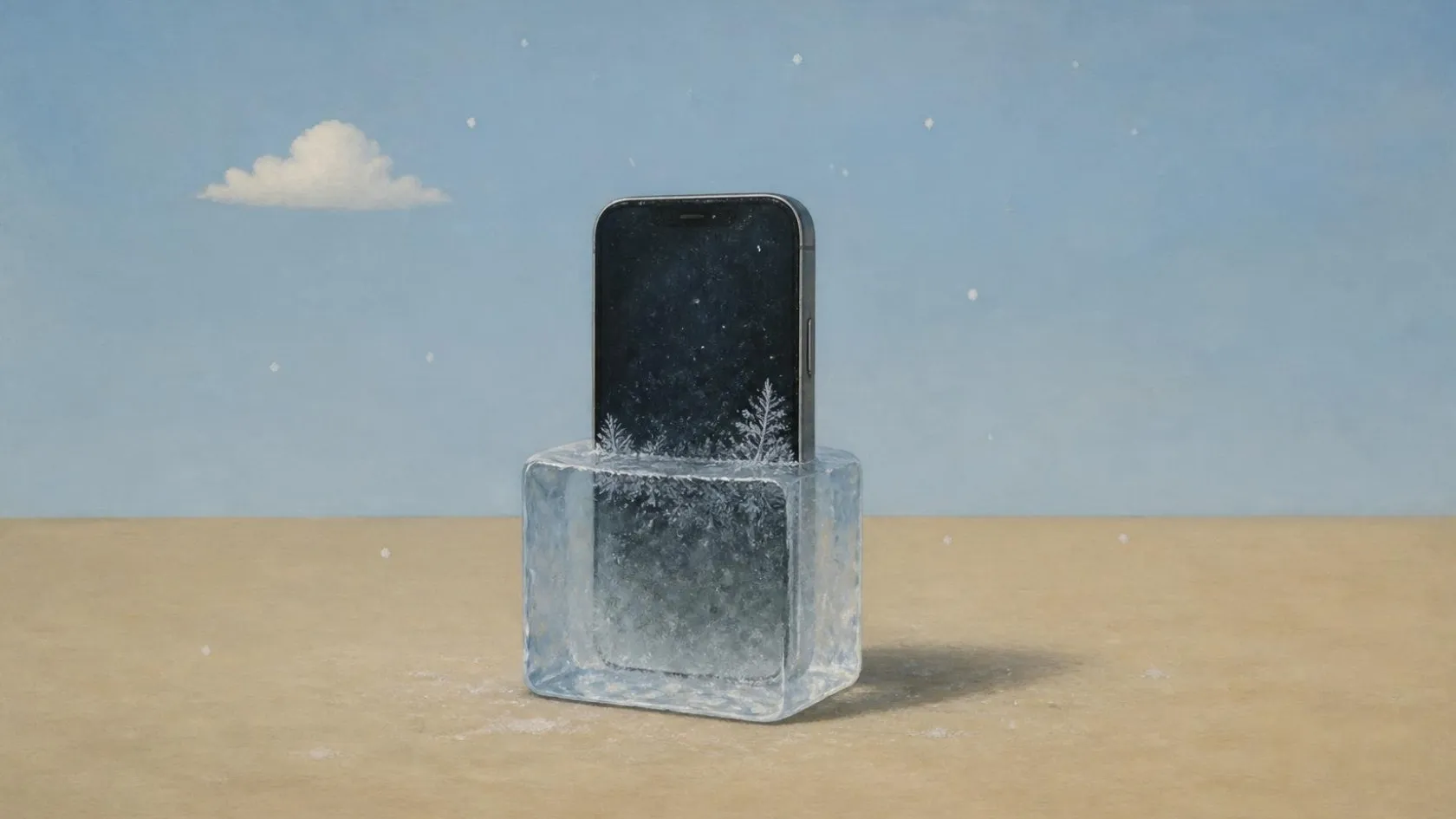 Minimalistisches surreales Bild: Smartphone mit schwarzem Display steckt halb in einem Eisblock, Eisblumen auf dem Glas, Schneeflocken fallen