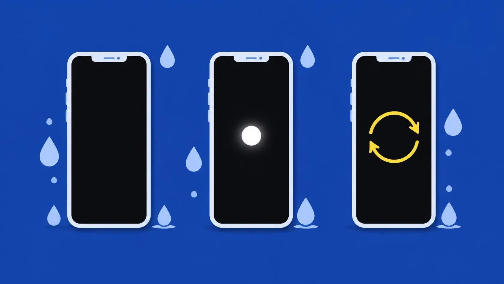 Illustration: drei Smartphones mit schwarzem Bildschirm, leuchtendem Startpunkt und Neustart-Pfeil, umgeben von Wassertropfen