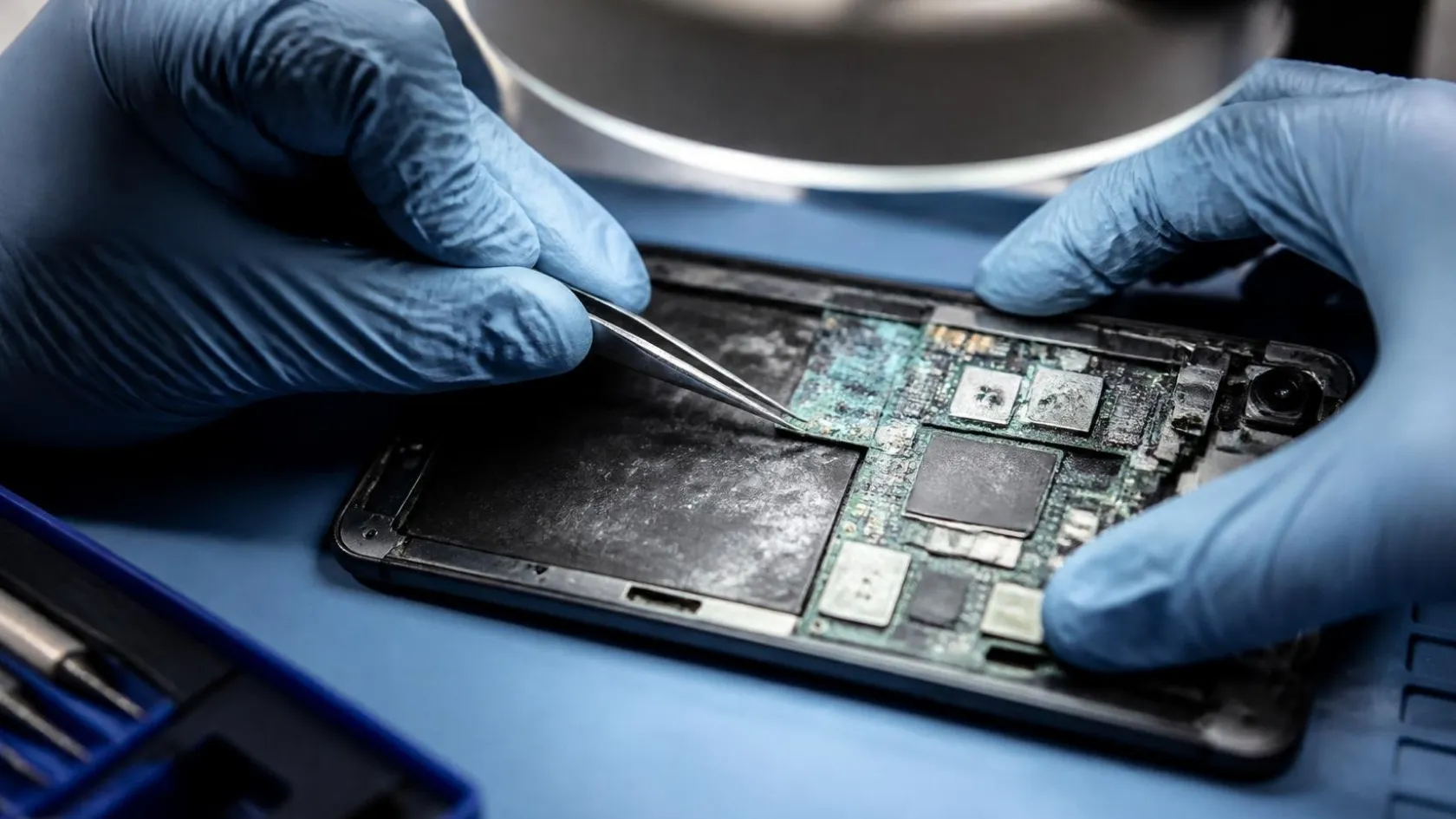 Hände in Handschuhen bearbeiten mit einer Pinzette die korrodierte Platine eines geöffneten Smartphones