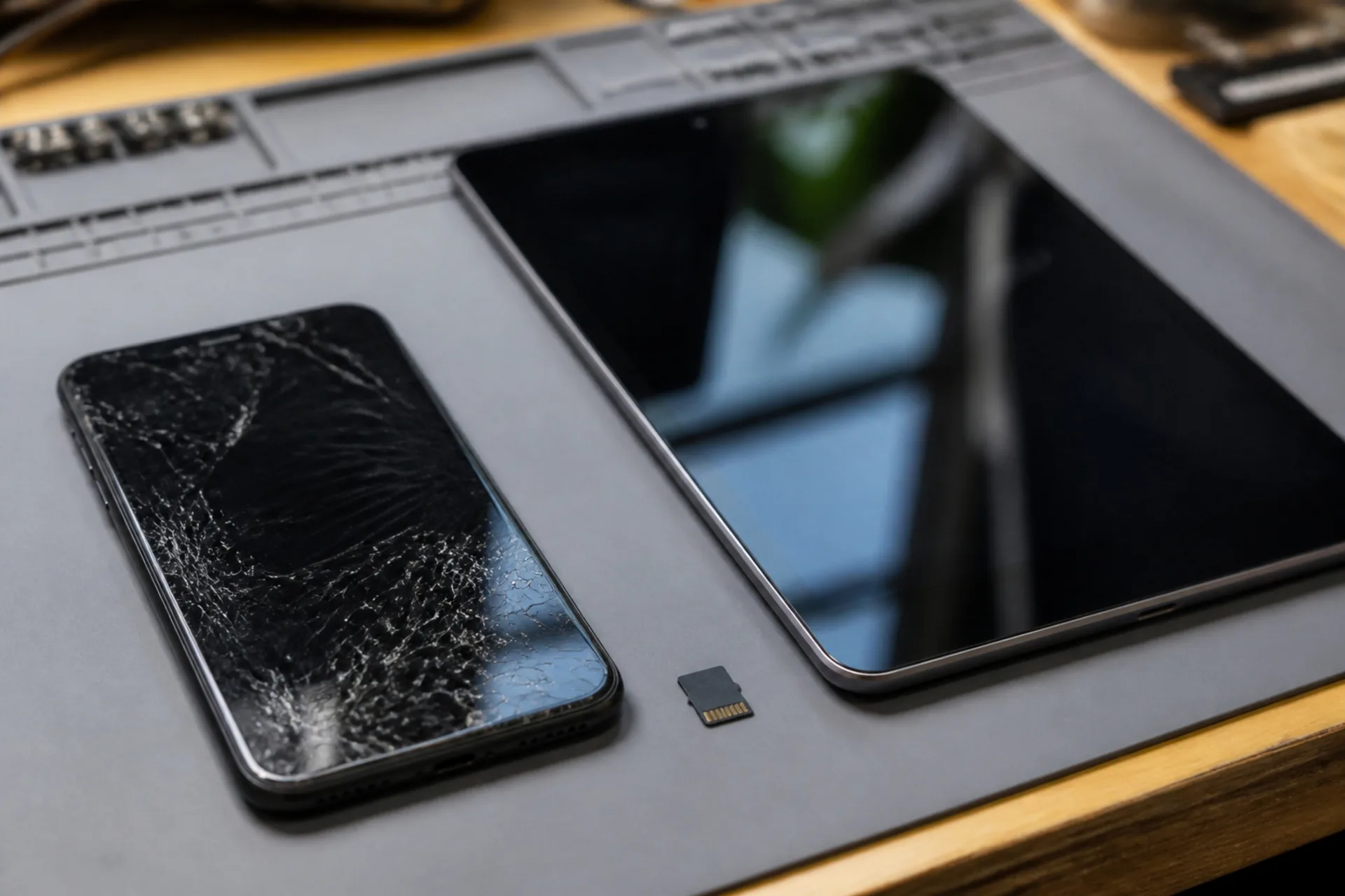 Handy mit gesprungenem Display, ein Tablet und eine microSD-Karte auf einer grauen Reparaturmatte.