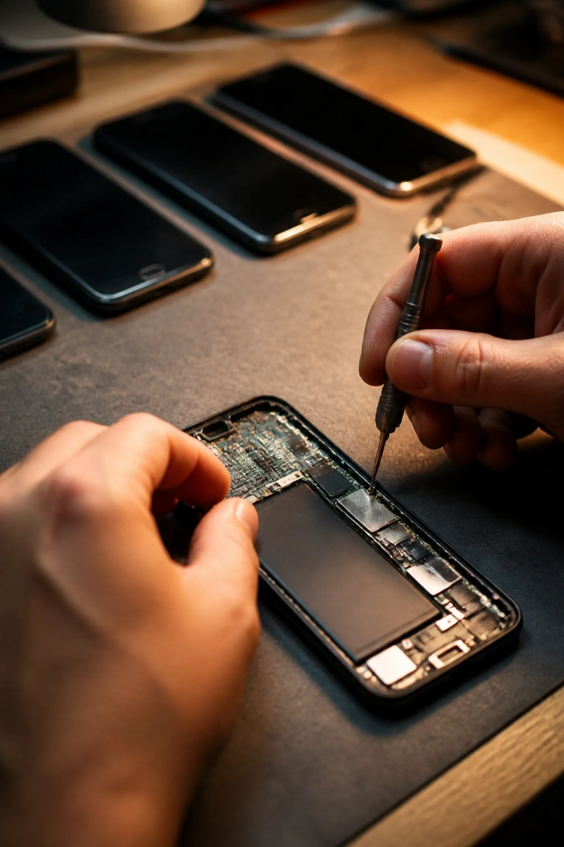 Hände reparieren ein geöffnetes Smartphone auf einer Werkbank, daneben liegen weitere Diensthandys.