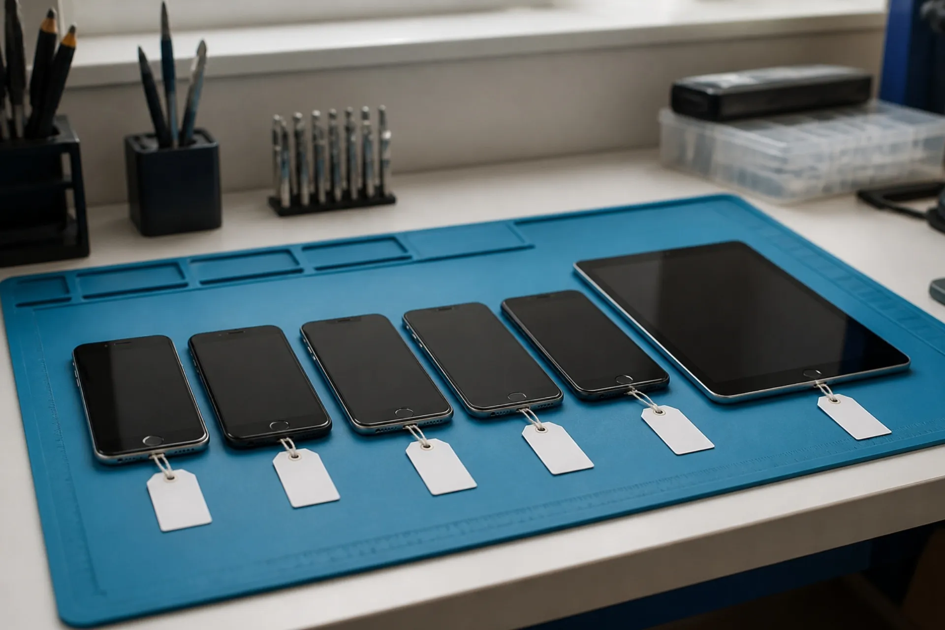 Mehrere Diensthandys und ein Tablet liegen nebeneinander auf einer Reparaturmatte.