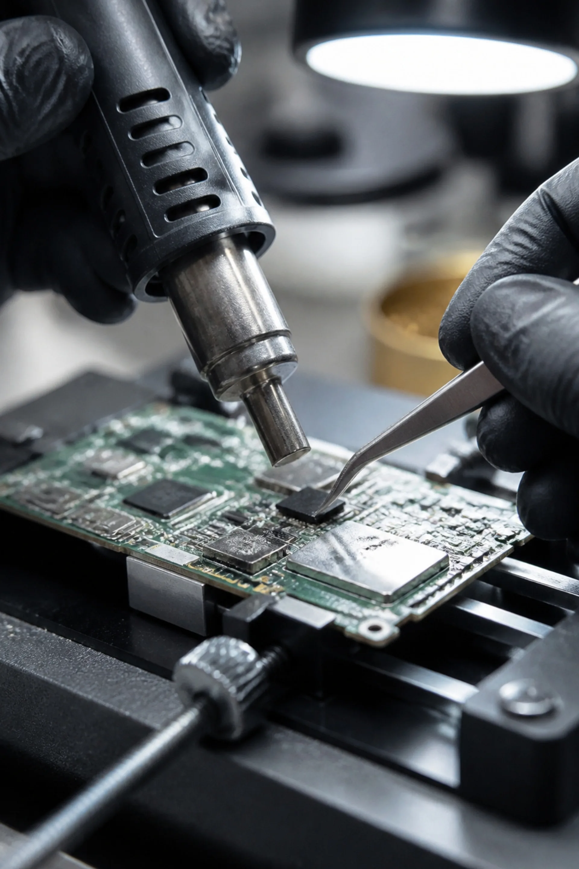 Hände in schwarzen Handschuhen halten eine Heißluftdüse über eine Handy-Platine und heben mit einer Pinzette einen kleinen Chip ab.