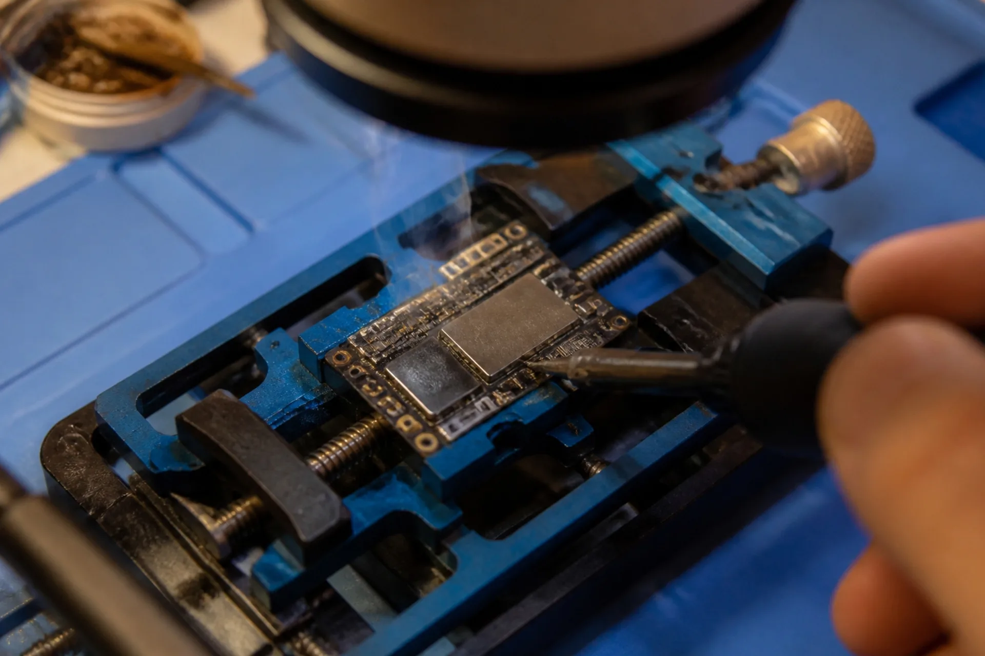 Lötkolbenspitze an einem kleinen Chip auf einer Handy-Platine, die in einem Platinenhalter auf einer blauen Reparaturmatte eingespannt ist.