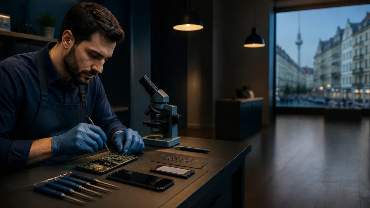 Ein Techniker in dunkelblauer Arbeitskleidung und blauen Handschuhen repariert in einer Berliner Werkstatt ein geöffnetes Smartphone, durch das Fenster sieht man Altbauten und den Fernsehturm.