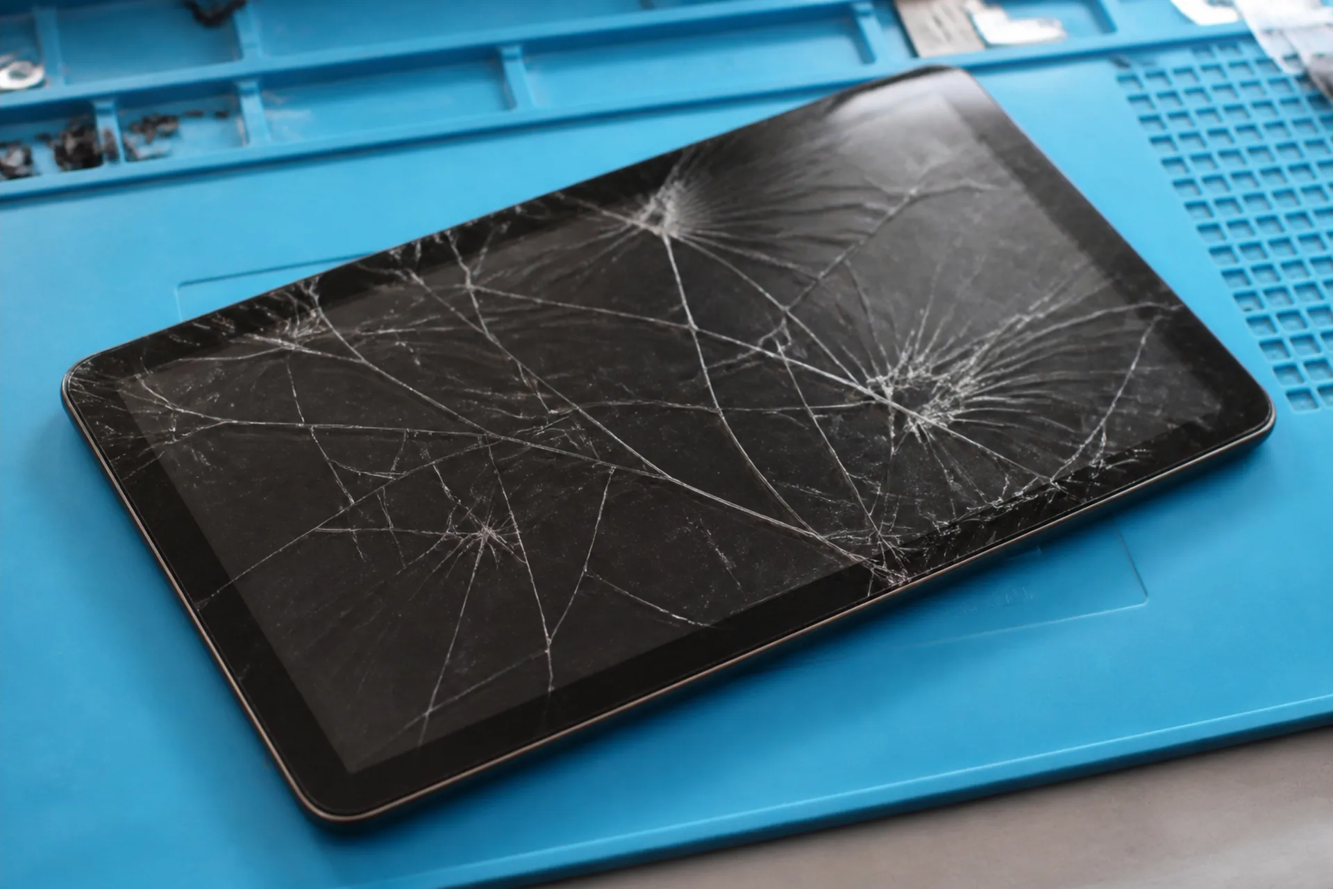 Tablet mit zersplittertem Display auf einer blauen Reparaturmatte.